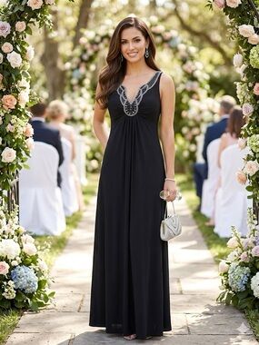 Ronni Nicole Black Beaded V-Neck Maxi Dress
